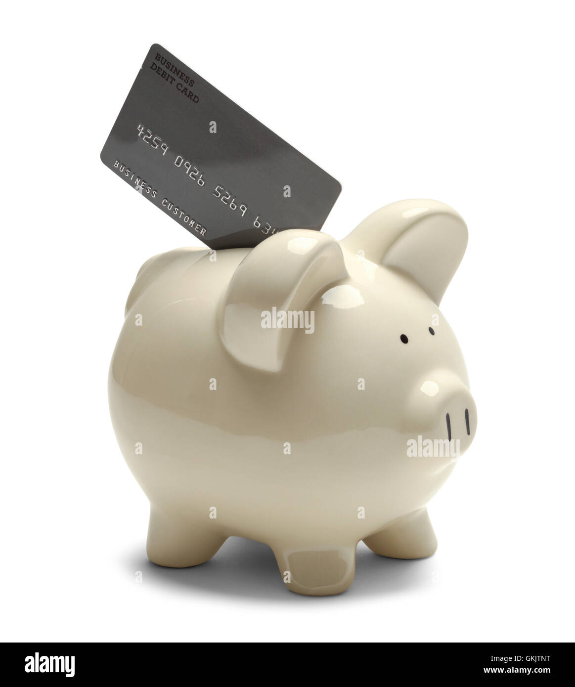 Sparschwein mit Kreditkarte, Isolated on White Background. Stockfoto