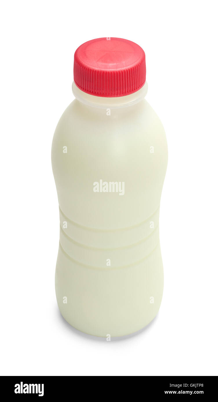 Eine Flasche Milch mit roter Mütze, Isolated on White Background. Ansicht von oben. Stockfoto