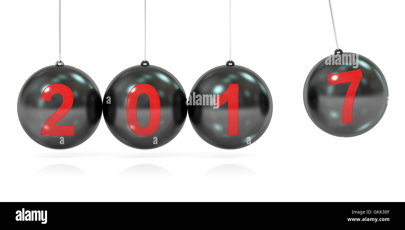 Glücklich Neujahr 2017-Konzept, Auswuchten Kugeln Newtons Wiege. 3D-Rendering isoliert auf weißem Hintergrund Stockfoto