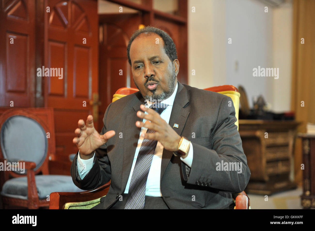 Somalias Präsident Hassan Sheikh Mohamud spricht am 29. Juni 2015 an die Nation, als das Land 55 Jahre Unabhängigkeit feiert und über Somalias Fortschritte und künftige Herausforderungen reflektiert. Stockfoto