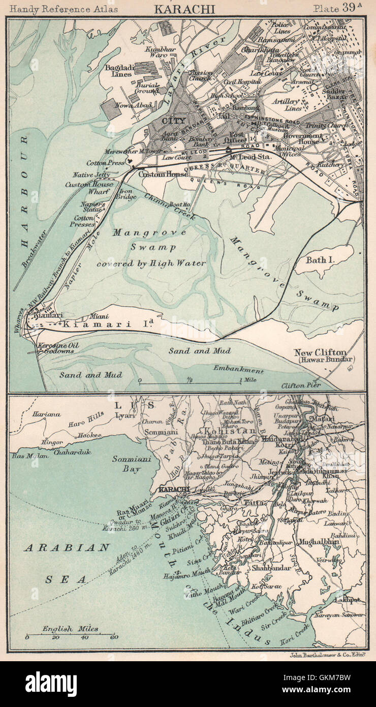 Stadtplan von Karachi und Umgebung. Pakistan. Bartholomäus, 1904 Antike Landkarte Stockfoto