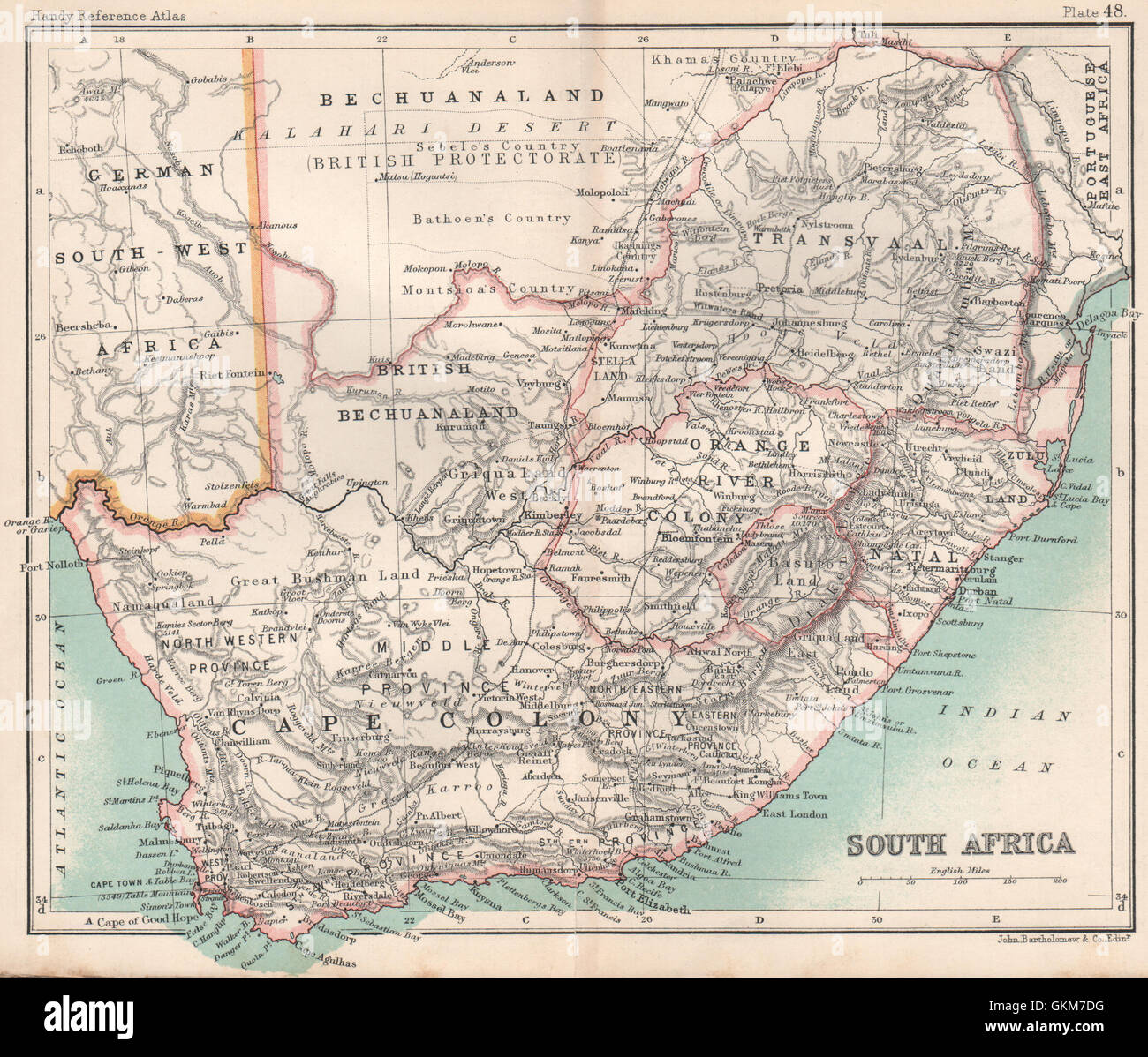 Kap-Kolonie Betschuanaland Botswana. Südlichen Afrika. Bartholomäus, 1904 alte Karte Stockfoto