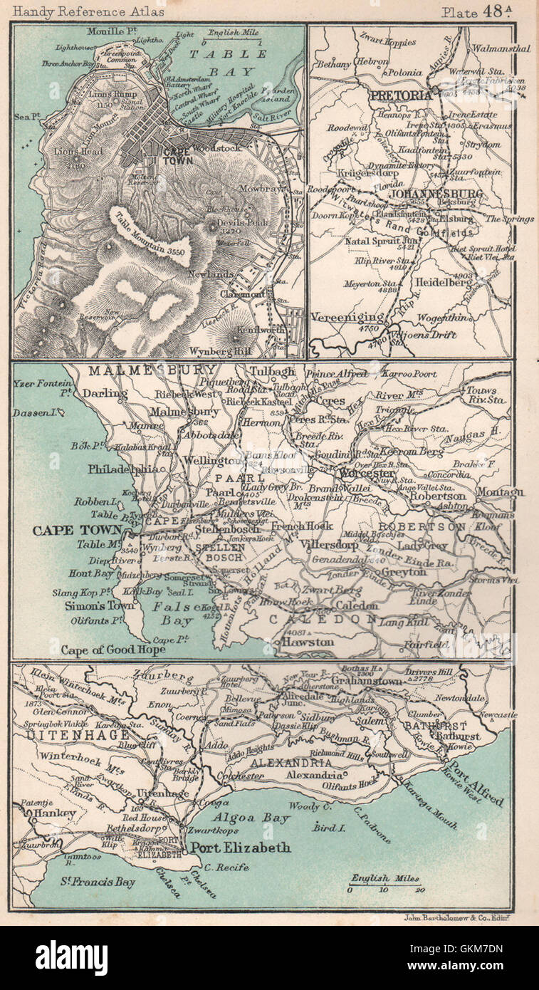 Umgebung von Port Elizabeth, Kapstadt & Pretoria. Südafrika Karte 1904 alt Stockfoto