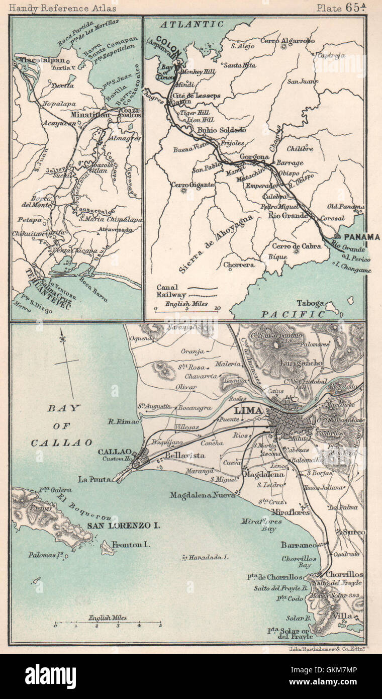 Umgebung von Lima & Callao. Panama-Kanal. Süd-Amerika. Bartholomäus, 1904-Karte Stockfoto