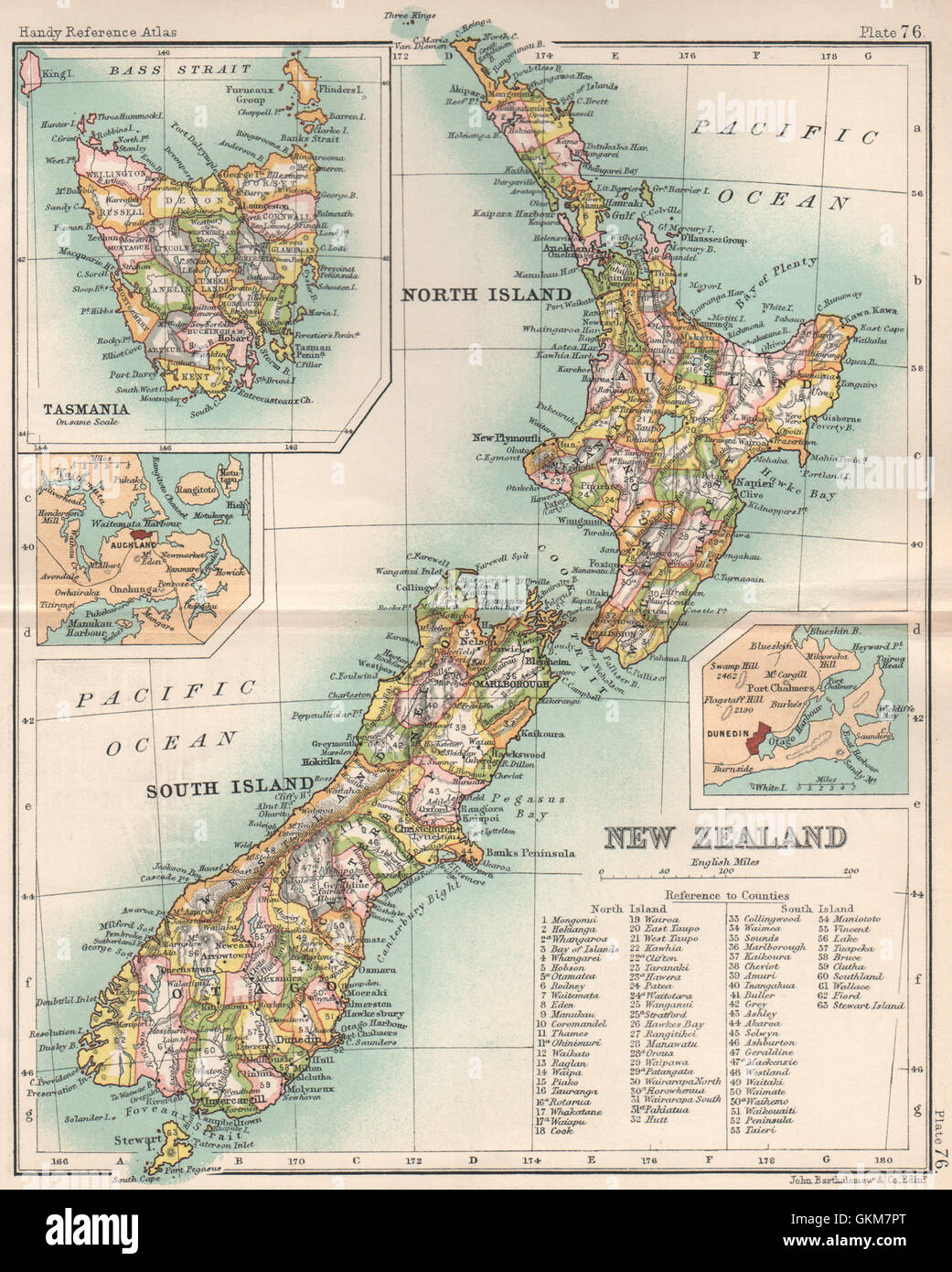 New Zealand zeigt Grafschaften. Inset Tasmanien Auckland Dunedin, 1904 alte Karte Stockfoto