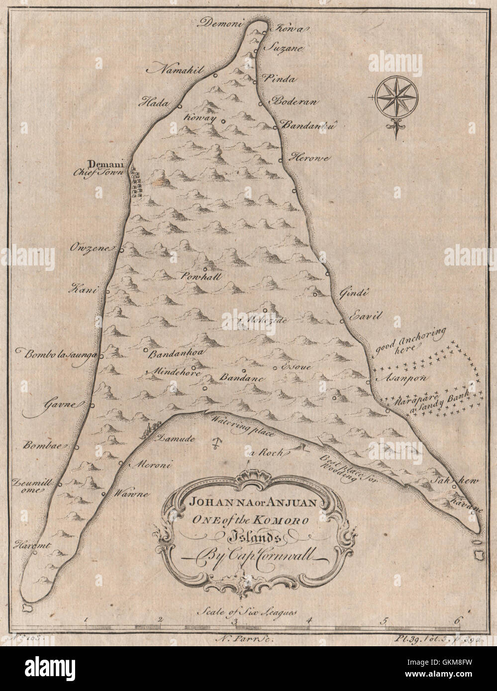INSEL ANJOUAN, KOMOREN. "Johanna oder Anjuan, einer der Inseln Komoro" 1746-Karte Stockfoto