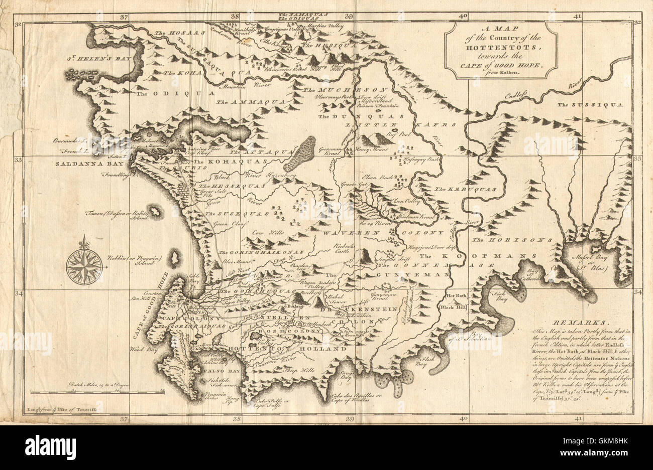 "Land der Hottentotten, in Richtung Kap der guten Hoffnung". Südafrika-1746-Karte Stockfoto