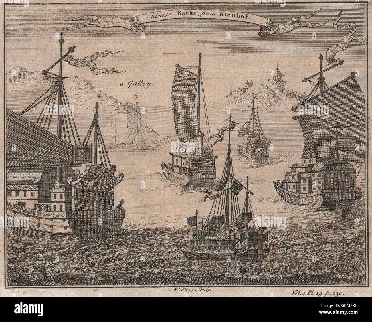 CHINA. Chinesische bellt. Dschunken. Nach NIEUHOF antike print 1746 Stockfoto