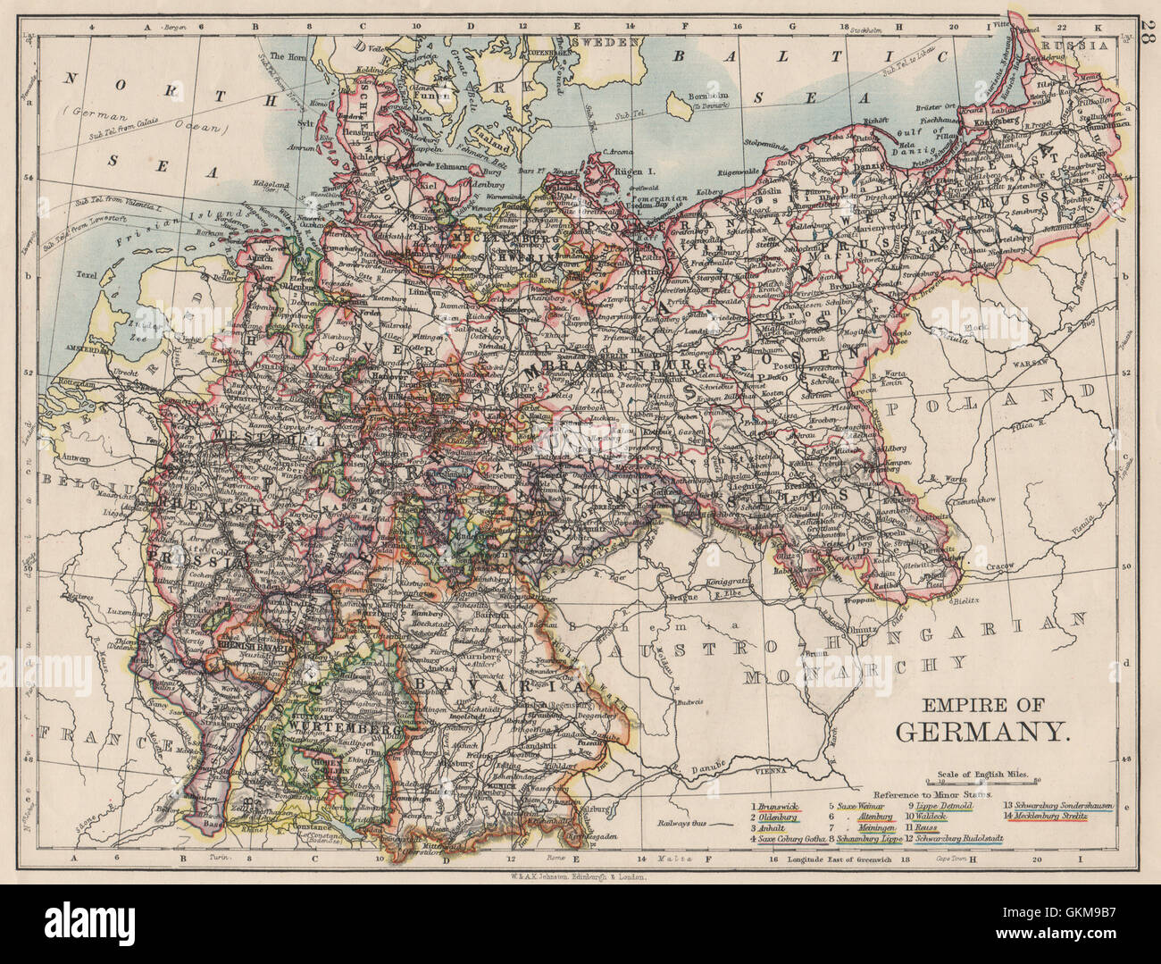 REICH VON DEUTSCHLAND. Staaten. Preußen Bayern Elsass-Lothringen. JOHNSTON, 1900 Karte Stockfoto