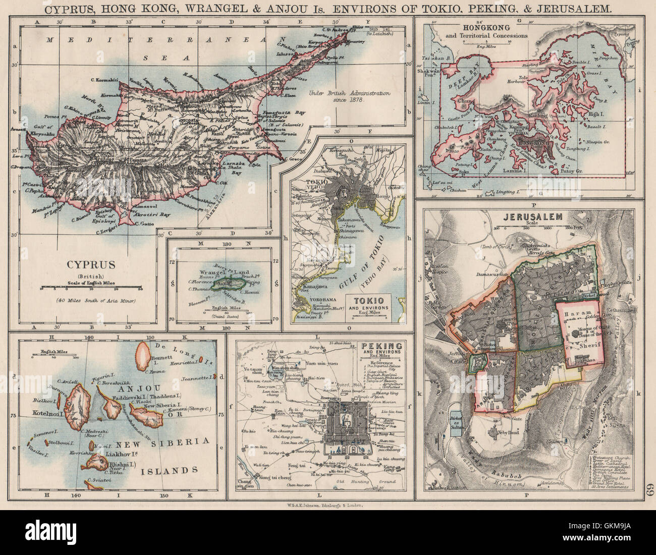 ZYPERN-HONGKONG-TOKIO-PEKING-JERUSALEM. Stadtpläne. Anzhu Inseln, 1900 Karte Stockfoto