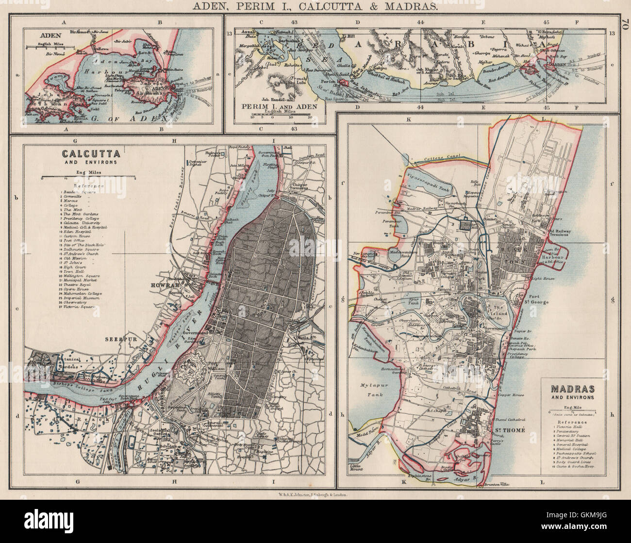 BRITISCH-INDIEN-STÄDTE. Kalkutta & Madras Pläne. Auch Aden/Perim.JOHNSTON, 1900 Karte Stockfoto