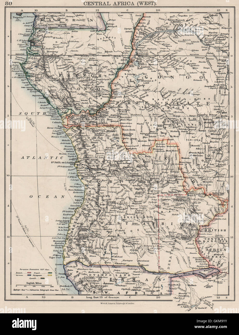 KOLONIALEN ZENTRALAFRIKA. Französisch Kongo-Freistaat portugiesischen West Af. , 1900 Karte Stockfoto