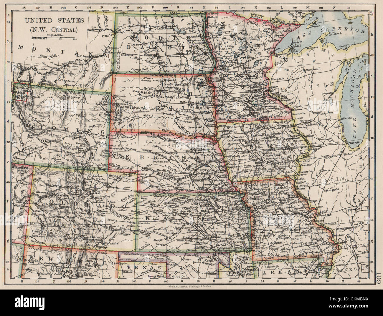 USA-PLAINS-STAATEN. Iowa Minnesota Kansas NE ND SD Colorado. JOHNSTON, 1900 Karte Stockfoto