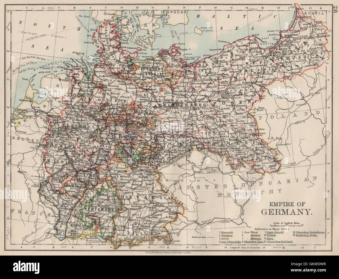 REICH VON DEUTSCHLAND. Staaten. Preußen Bayern Elsass-Lothringen. JOHNSTON, 1903 Karte Stockfoto
