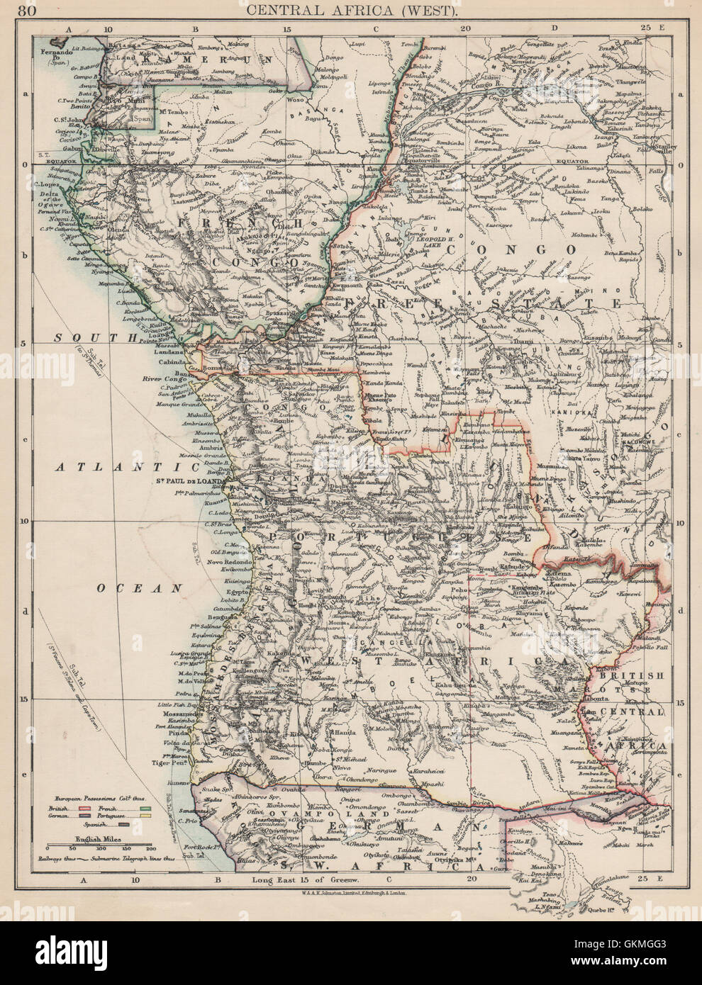 KOLONIALEN ZENTRALAFRIKA. Französisch Kongo-Freistaat portugiesischen West Af. , 1903 Karte Stockfoto
