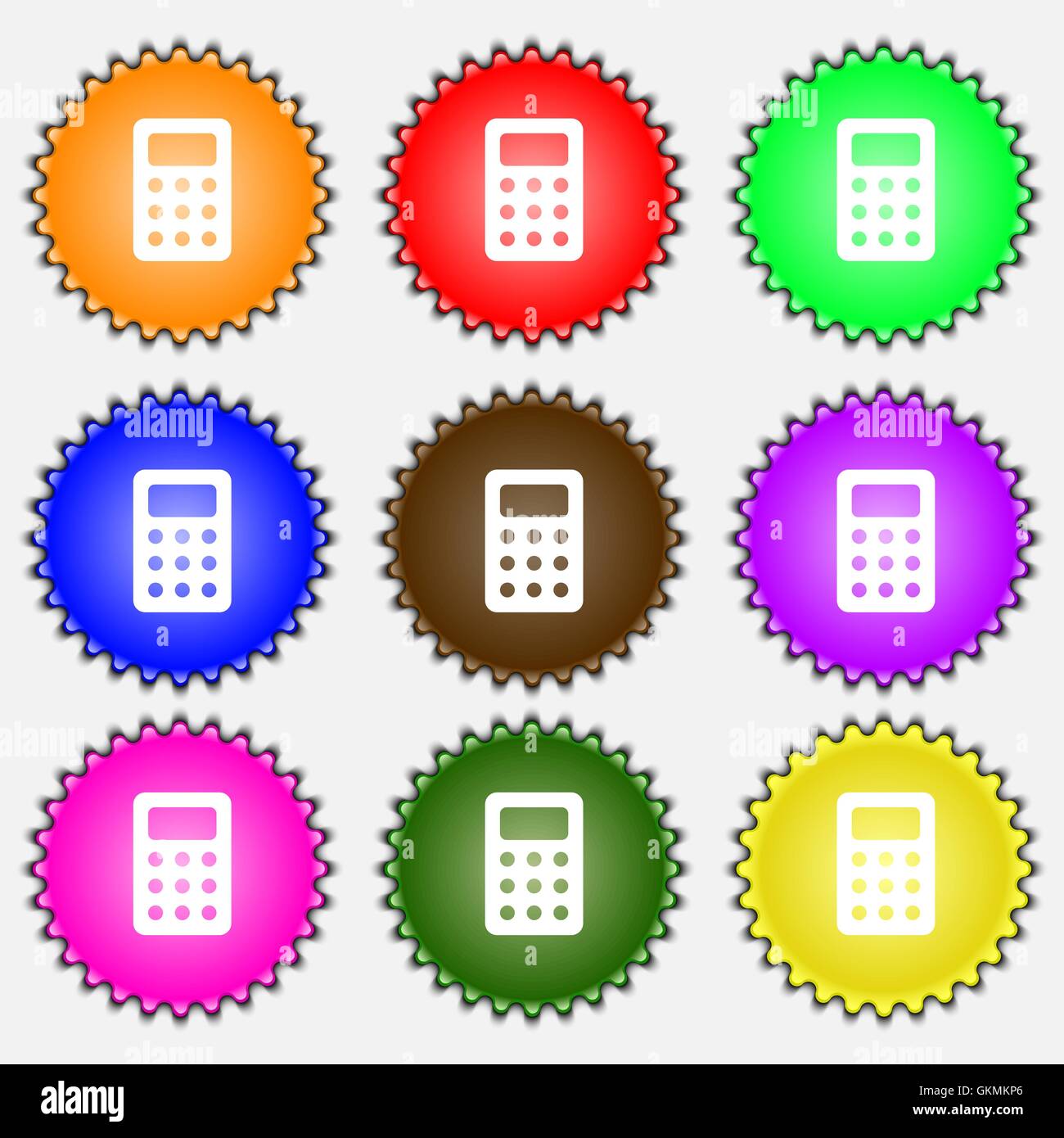 Taschenrechner, Buchhaltung Symbol Zeichen. Eine Reihe von neun verschiedenen farbigen Etiketten. Vektor Stock Vektor