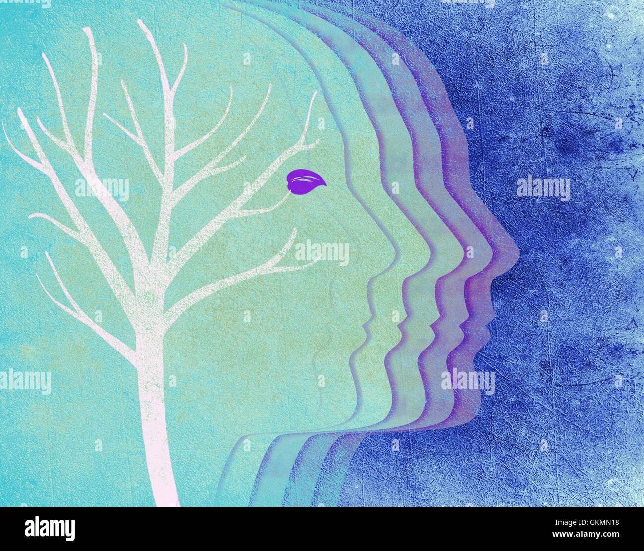 farbige menschlichen Kopf Silhouette und Baum digitale illustration Stockfoto