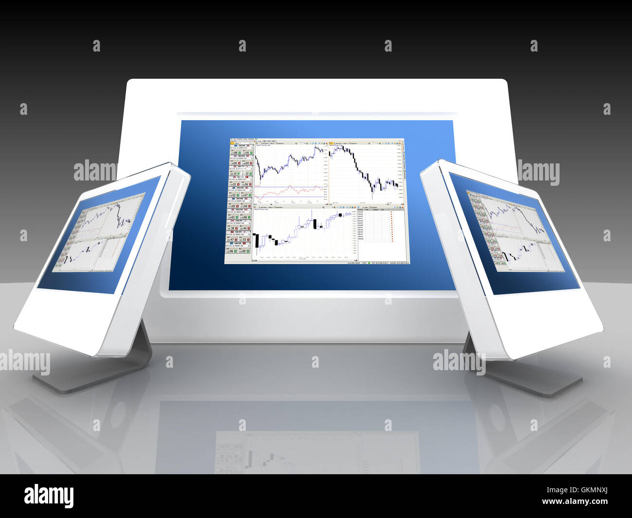 Monitore mit Anzeige von einer aktuellen Situation an den Finanz- und Aktienmärkten Stockfoto