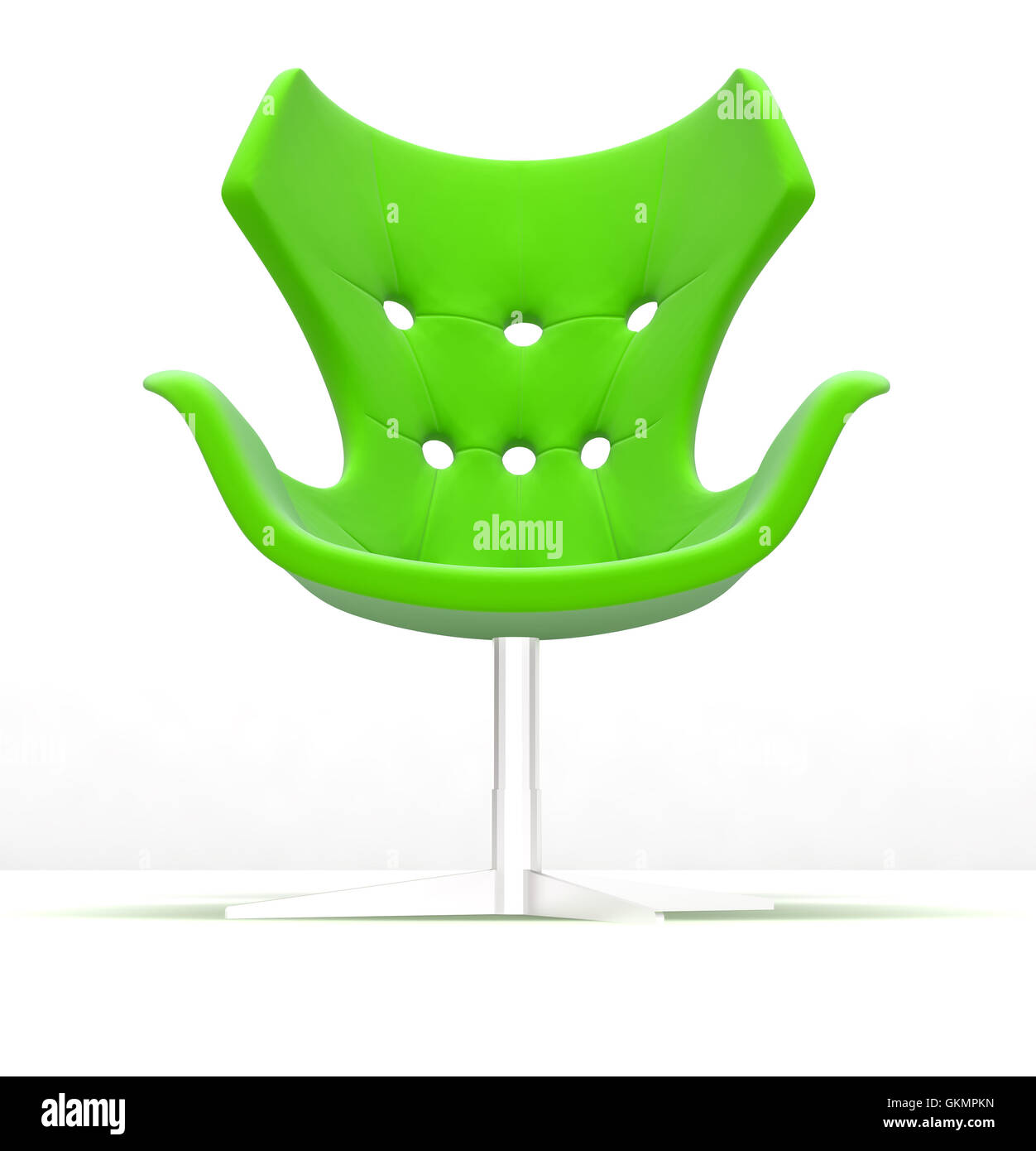 Stilvolle moderne Sessel aus poliertem Silber Metall und einem grünen Material eine Sitzfläche und eine Rückenlehne Stockfoto