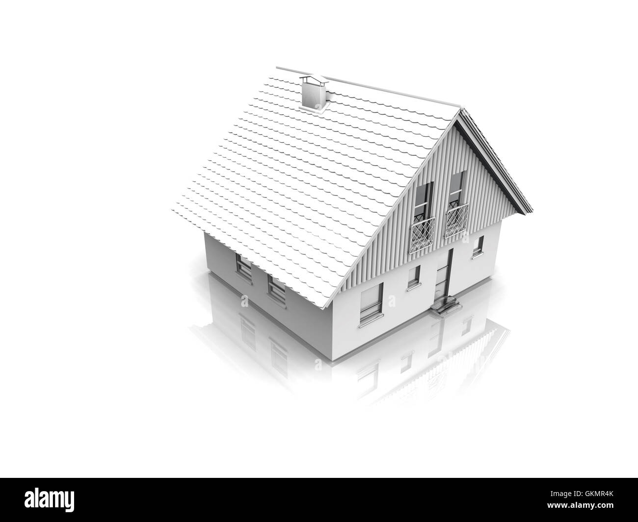 Haus in hellen Tönen spiegelt sich in einem weißen Hintergrund Stockfoto