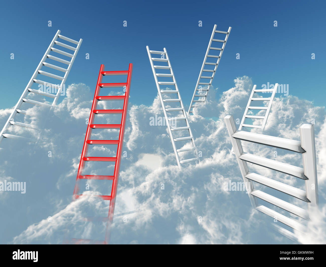 weißen und roten Treppen steigen in den Wolken auf einem blauen Hintergrund Himmel Stockfoto