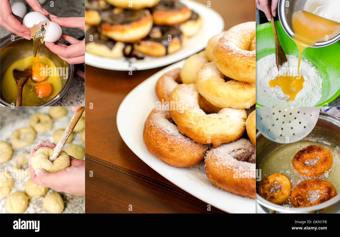 Donuts machen Collage. Sechs Fotos. Stockfoto