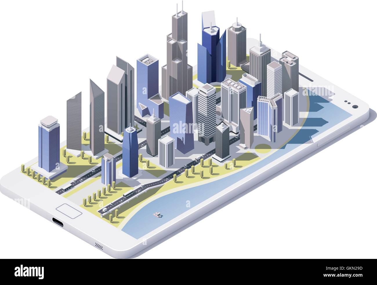 Vektor isometrische Stadt auf dem Bildschirm des Smartphones Stock Vektor