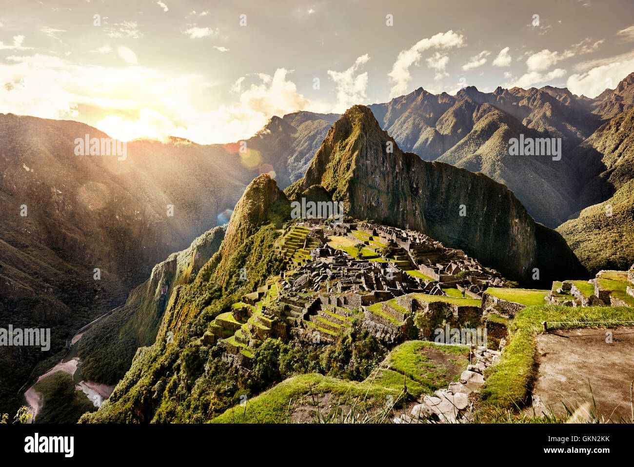 MACHU PICCHU, PERU - 31. Mai 2015: Blick von der alten Inca Stadt Machu Picchu. Das 15. Jahrhundert Inka Website. "verlorene Stadt der Stockfoto
