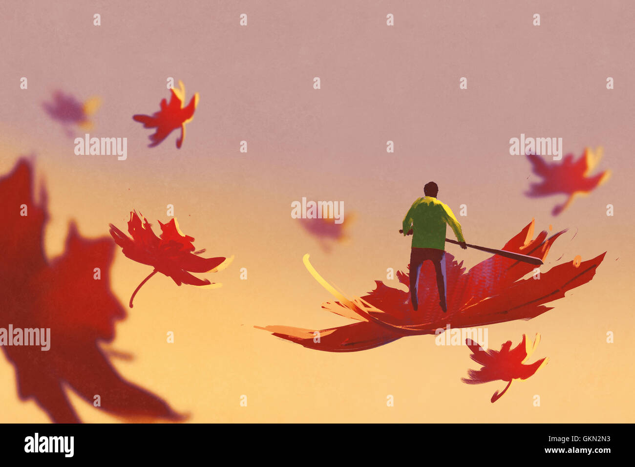 Herbst fallen, kleiner Mann Rudern Ahornblatt schweben in den Himmel, Illustration, Malerei Stockfoto