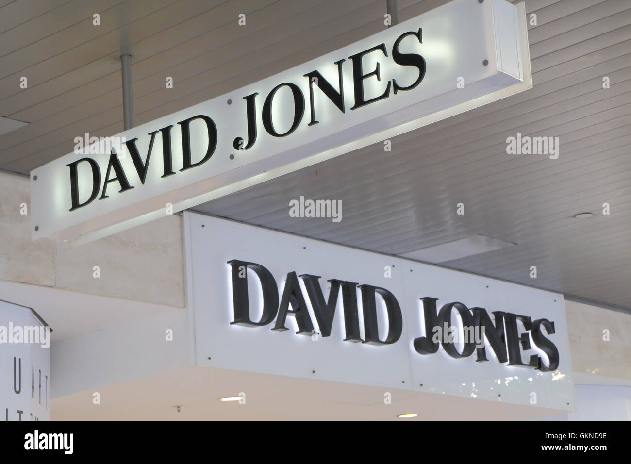 Logo von David Jones, High-End-australische Kaufhauskette. Stockfoto