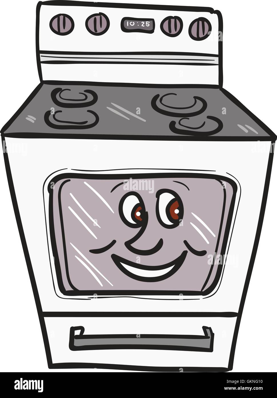 Abbildung eines Ofens mit Smiley-Gesicht von vorne am isolierten weißen Hintergrund getan im Cartoon-Stil angezeigt. Stock Vektor