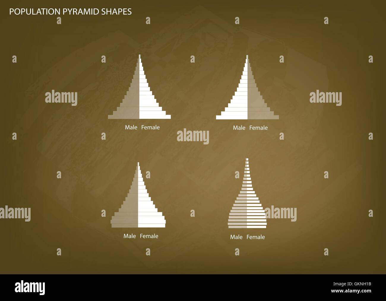 Bevölkerung und Demografie, Illustration von 4 Arten von Bevölkerung Pyramiden Diagramm oder Altersstruktur auf Tafel Hintergrund grafisch darstellen. Stock Vektor