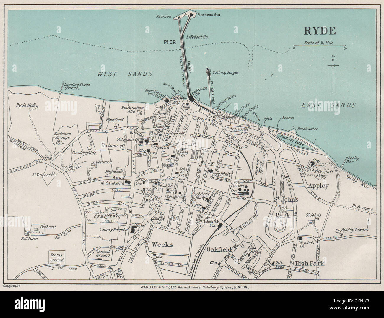 RYDE Vintage Stadt Plan. Isle Of Wight. WARD LOCK, 1922 Vintage Karte Stockfoto