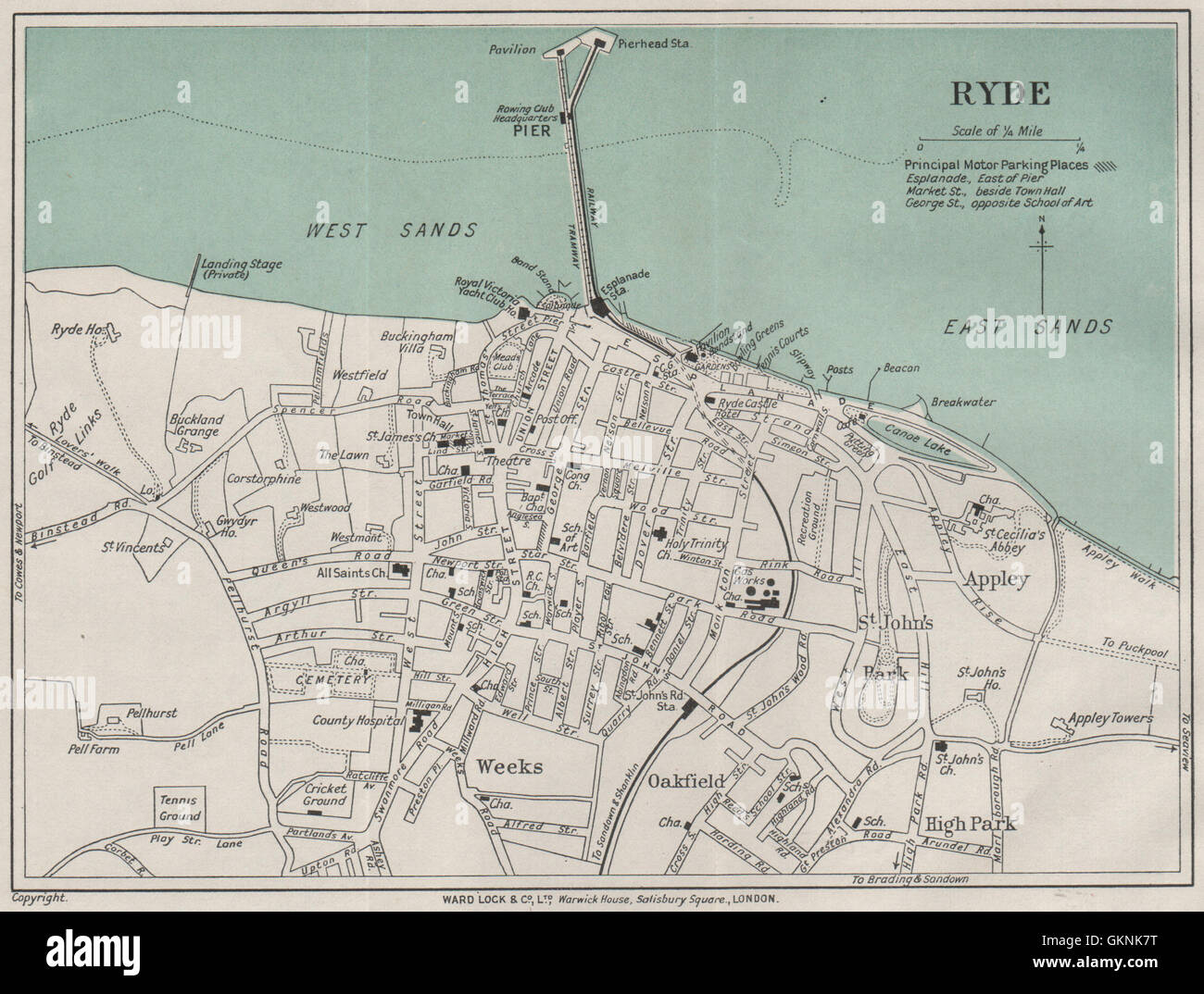 RYDE Vintage Stadt Plan. Isle Of Wight. WARD LOCK, 1932 Vintage Karte Stockfoto