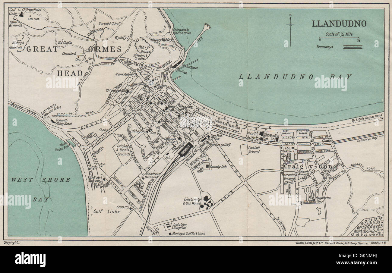 LLANDUDNO Vintage Stadt Plan. Wales. WARD LOCK, 1930 Vintage Karte ...