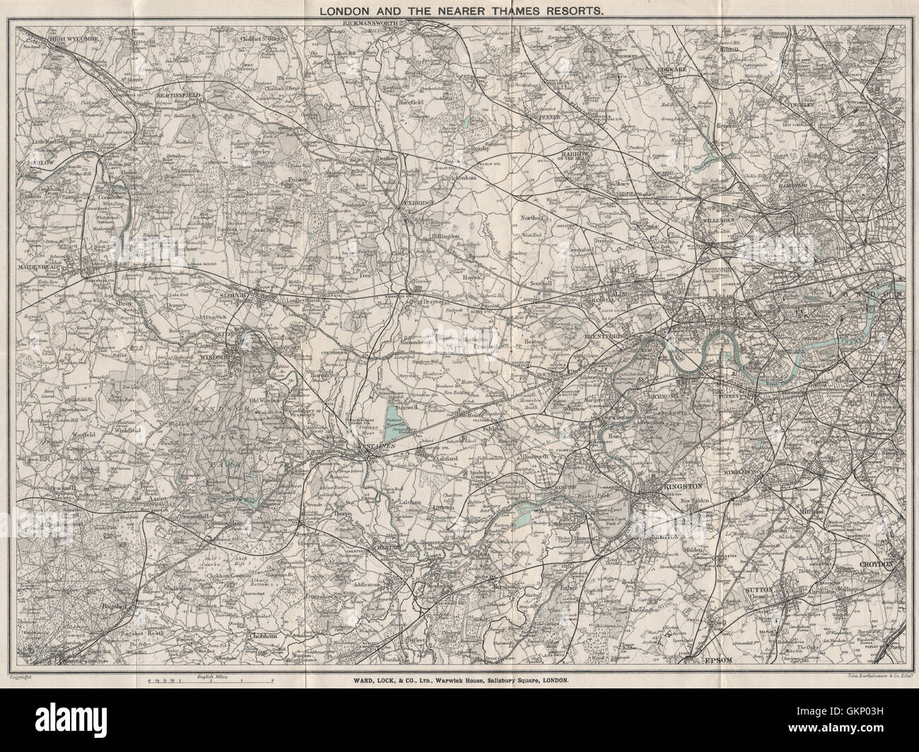 DIE THEMSE-TAL. Marlow Maidenhead Windsor Staines Chertsey Kingston, 1912 Karte Stockfoto