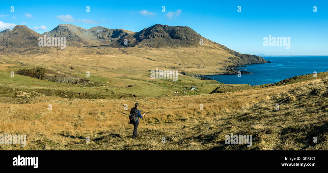 Die Rum Cuillin Berge und Harris Bay über Glen Harris, Isle of Rum, Scotland, UK Stockfoto