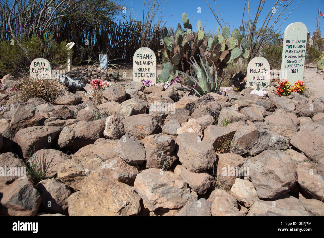 Die Grabsteine von Frank McLaury, Tom McLaury und Billy Clayton ermordet auf den Straßen von 1881. Stockfoto