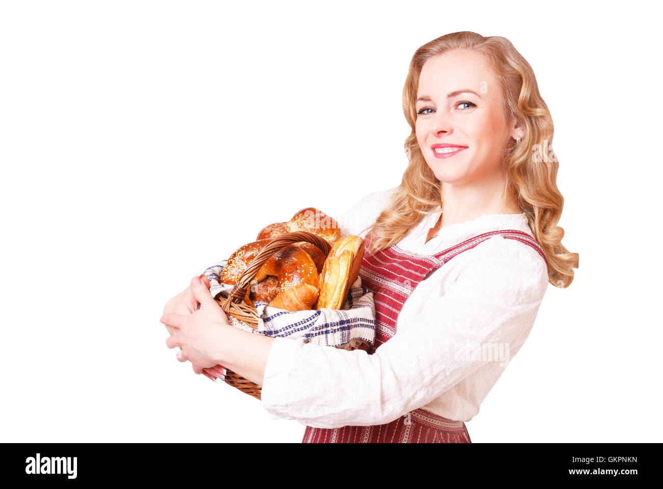 Porträt von niedlichen lächelnde Frau mit Gebäck in ihren Händen im Studio, isoliert auf weißem Hintergrund Stockfoto