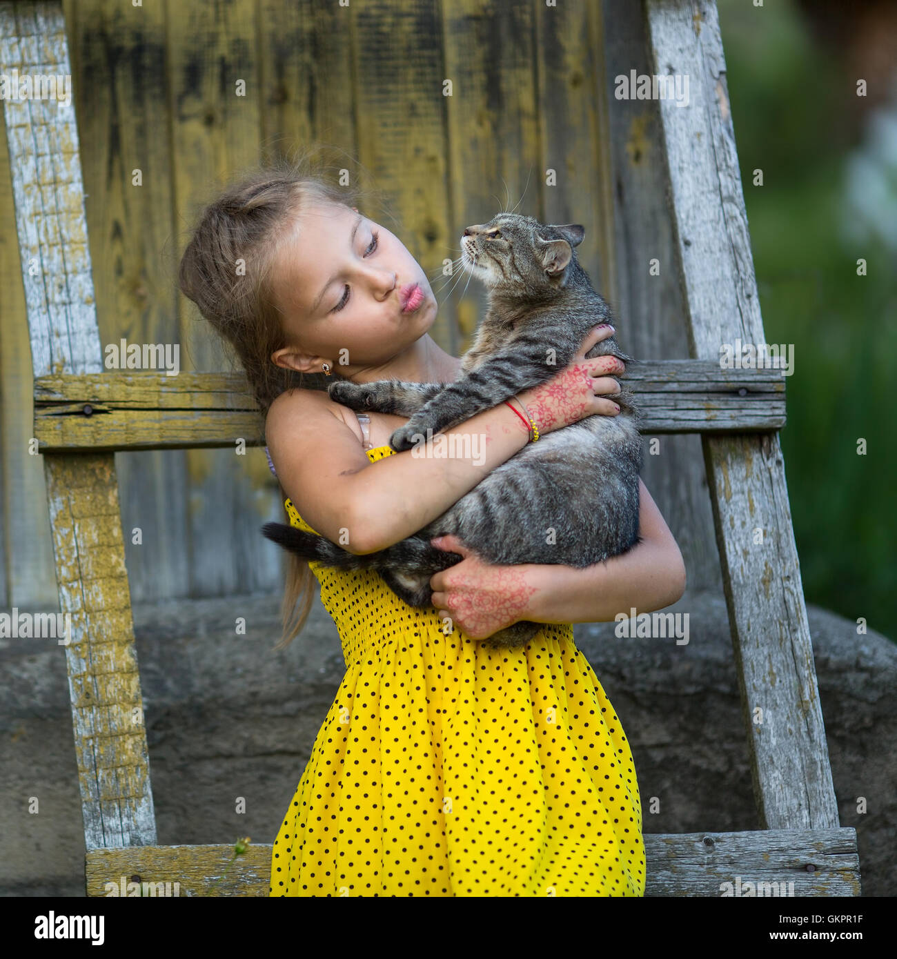 Lustige kleine Mädchen eine Katze im Arm halten Stockfotografie - Alamy