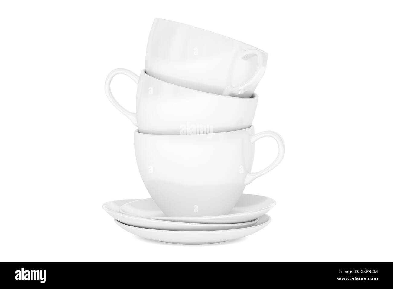 Weiße Tassen und Untertassen, 3D-Rendering isolierten auf weißen Hintergrund Stockfoto