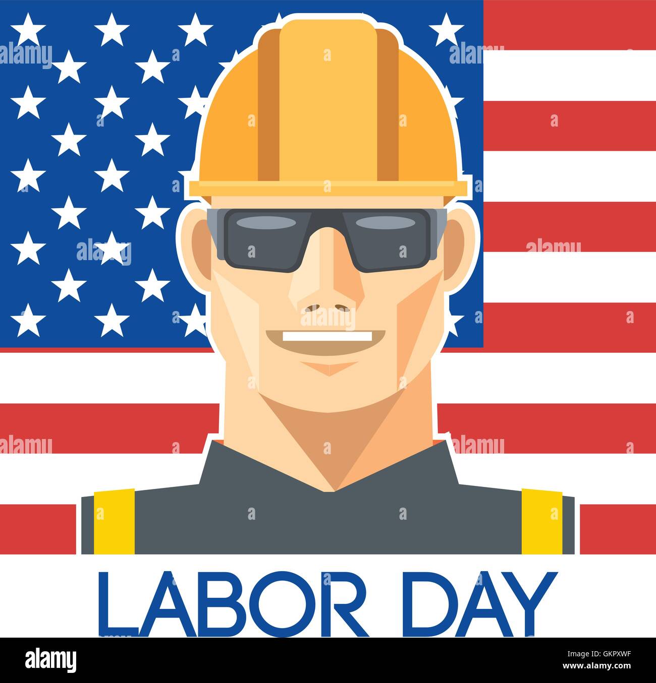 Tag der Arbeit-Design, mit einem Arbeiter mit Helm und Brille über die Flagge der Vereinigten Staaten von Amerika. Digitale Vektor-Bild Stock Vektor