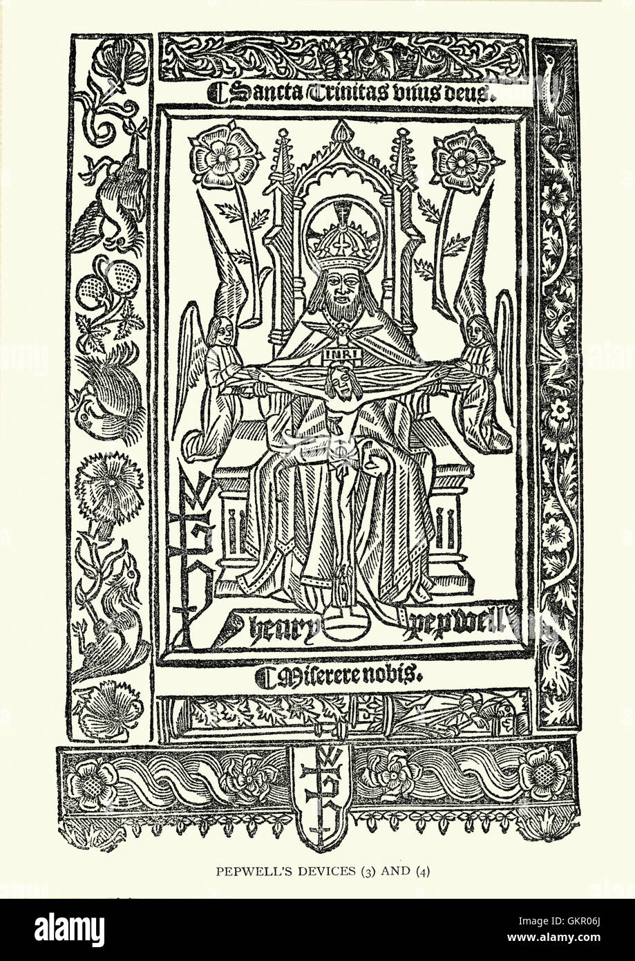 Holzschnitt aus Pepwells Geräte, zeigt Jesus am Kreuz und Gott auf seinem himmlischen Thron Stockfoto
