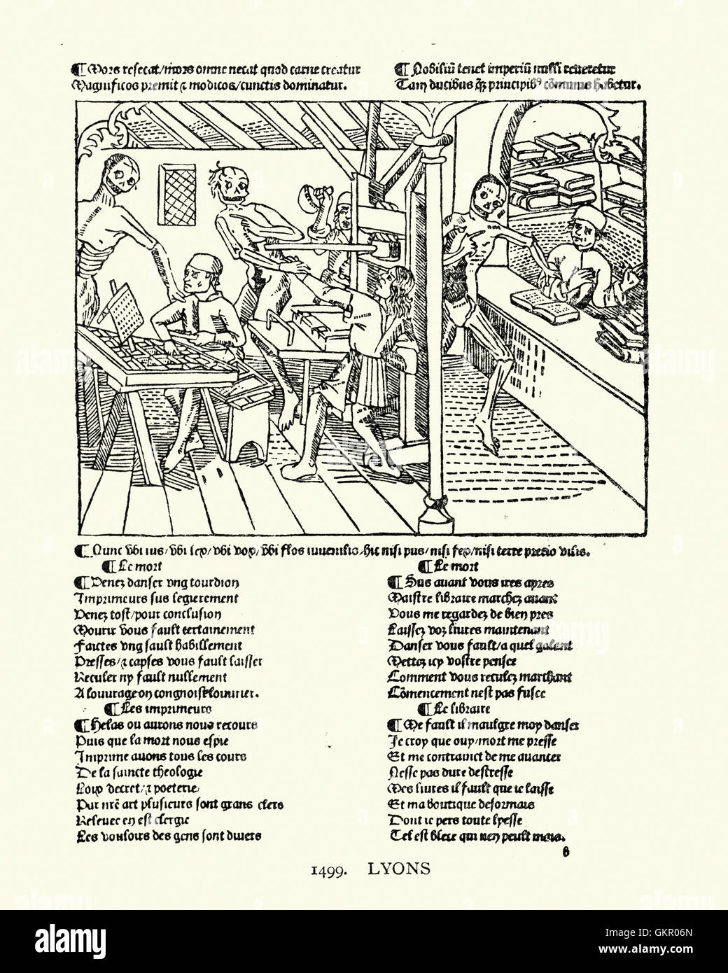 Holzschnitt von einer Druckerei aus der Tanz des Todes, 1499 Stockfoto