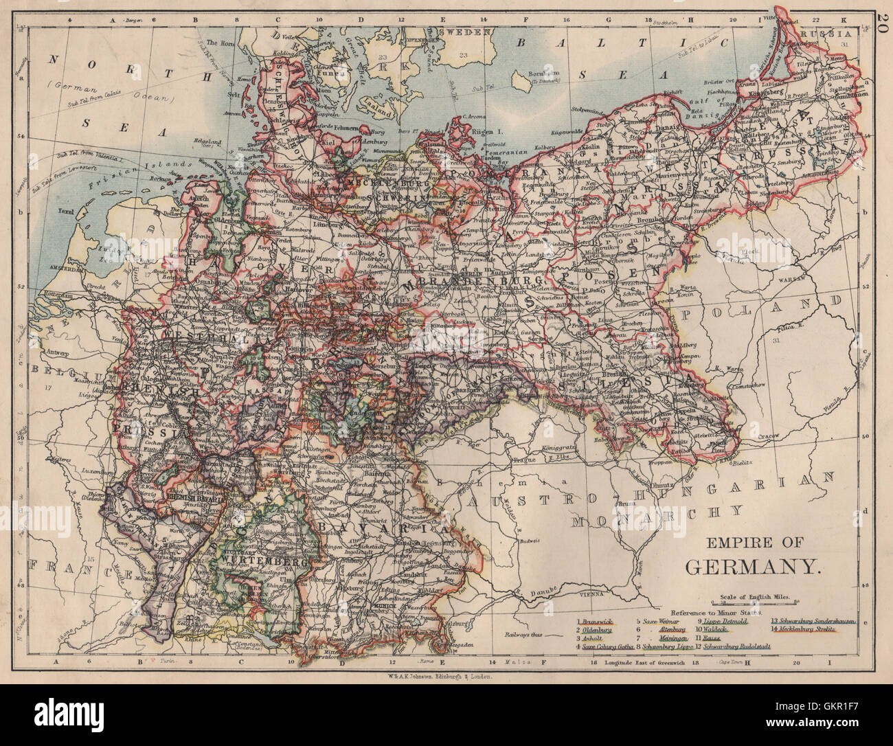 REICH VON DEUTSCHLAND. Staaten. Preußen Bayern Elsass-Lothringen. JOHNSTON, 1895-Karte Stockfoto