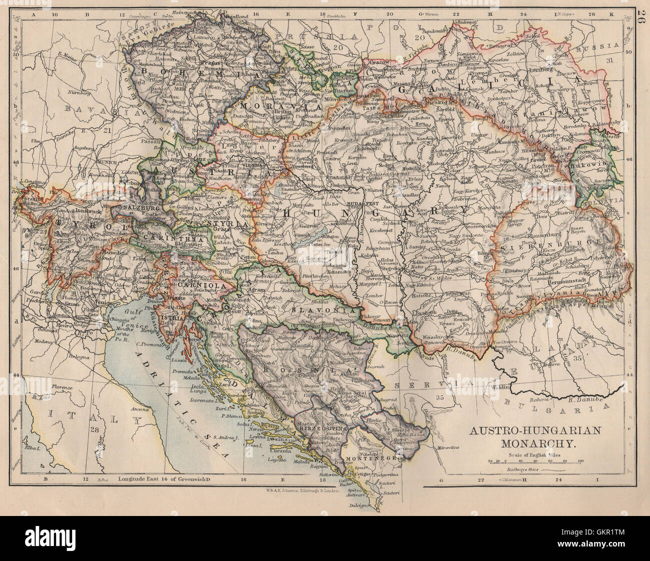 ÖSTERREICH-UNGARISCHEN MONARCHIE. Dalmatien Slawonien Siebenburgen & c. JOHNSTON 1895 Karte Stockfoto