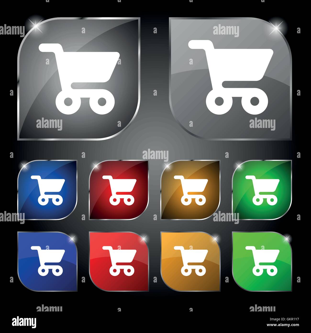 Shopping Warenkorb Symbol Zeichen. Satz von zehn bunte Knöpfe mit Blendung. Vektor Stock Vektor
