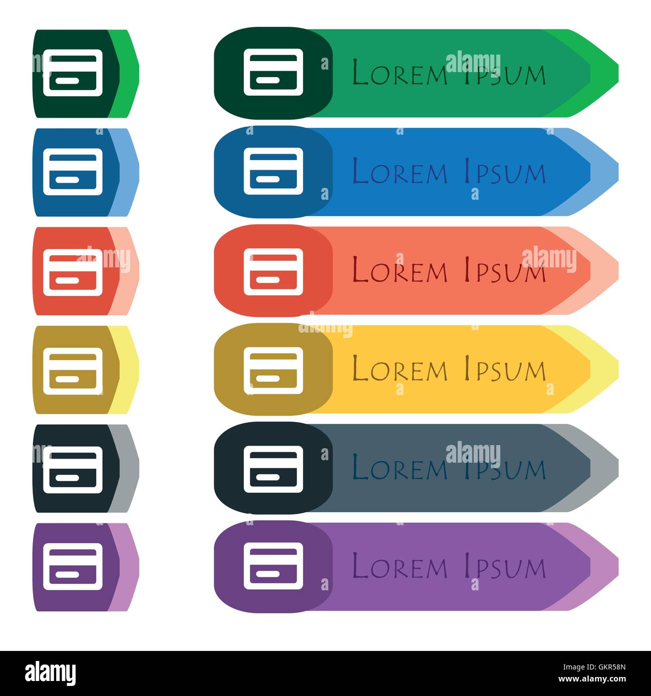 Kreditkarten-Symbol Zeichen. Satz von farbenfrohen, hellen langen Tasten mit zusätzlichen kleinen Modulen. Flaches design Stock Vektor