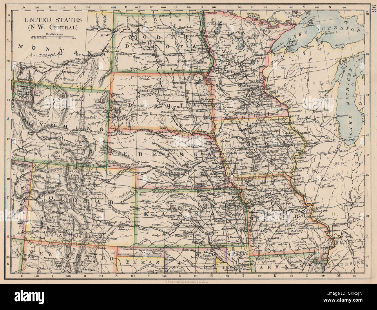USA-PLAINS-STAATEN. Iowa Minnesota Kansas NE ND SD Colorado. JOHNSTON, 1895-Karte Stockfoto