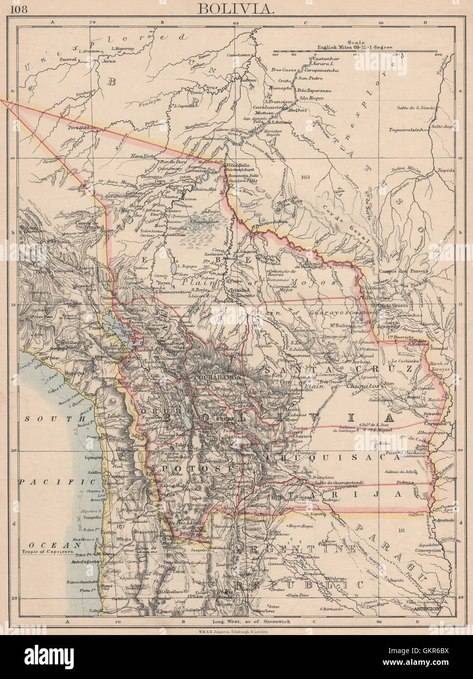 Bolivien. schließt ein Acre, 1899-1903 Krieg gegen Brasilien verloren. JOHNSTON, 1895-Karte Stockfoto
